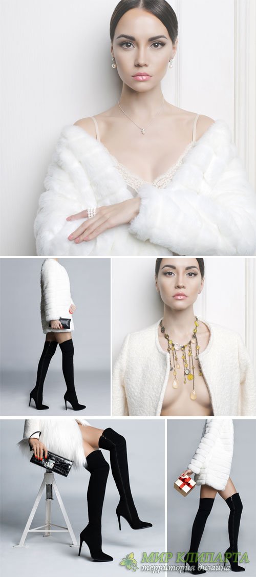Girl in a white fur coat and black boots - stock photos