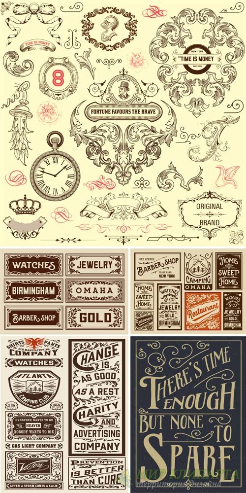 Vintage decorative elements, original designs, labels