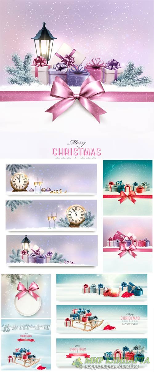 Christmas and New Year, vector backgrounds with chimes and champagne