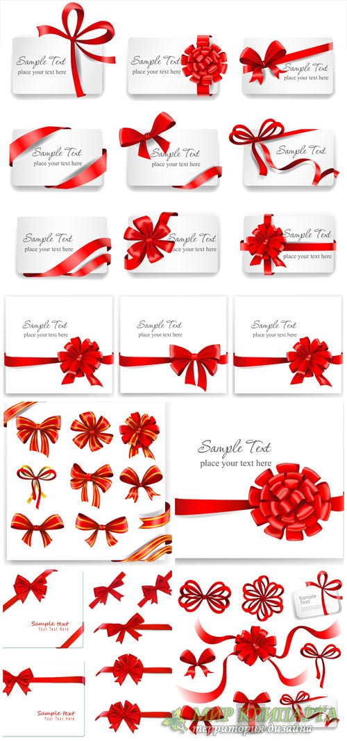 Cards with red ribbons, holiday vector backgrounds