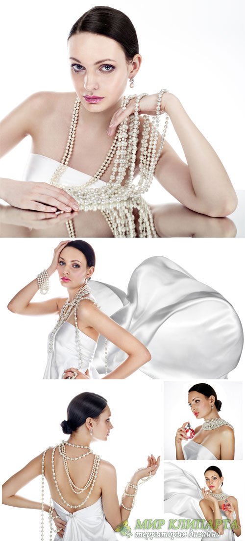 Girl in white dress, pearl decoration - stock photos