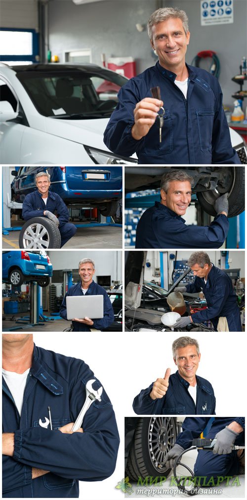 Car workshop, man repairing a car - stock photos