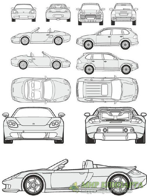Автомобили Porsche - векторные отрисовки в масштабе