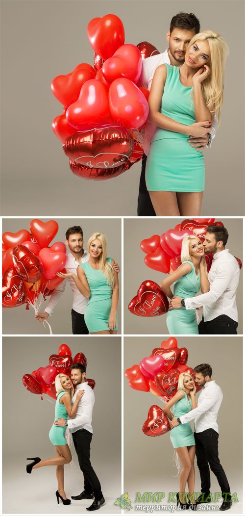 Valentine's Day, loving couple with hearts - Stock Photo